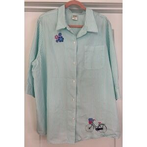 Blair Womens 2XL Mint Green Striped Embroidered Bicycle Floral Button Down Shirt